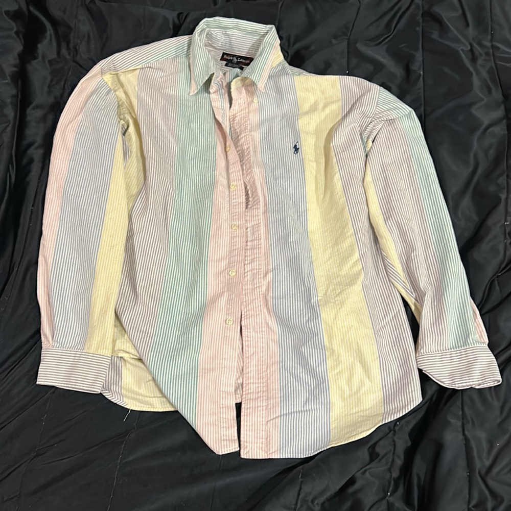 Multi colored striped long sleeve polo button up